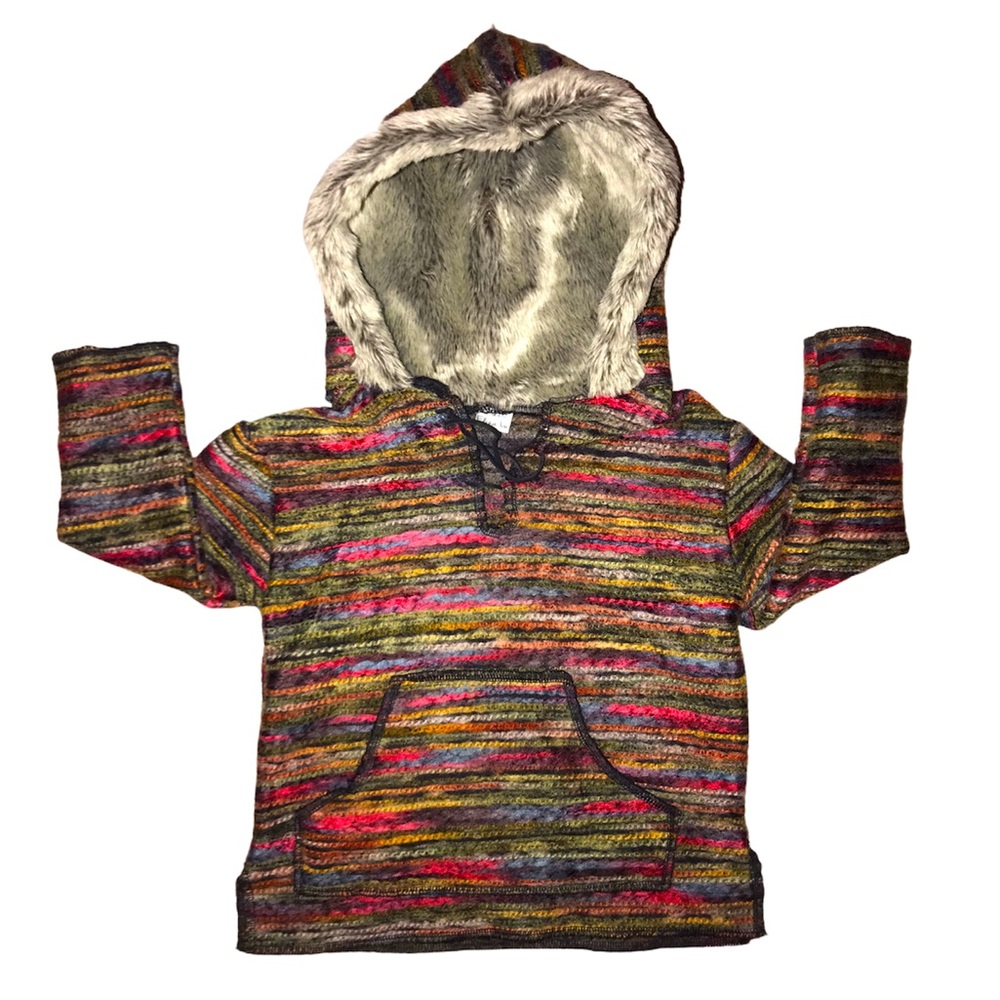 RARE Eliza Lu Woven Rainbow Hoodie w/ Faux Fur